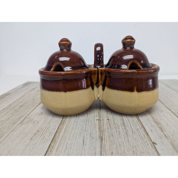 Vintage Brown Glazed Stoneware Double Condiment Sauce Pot With Lids Taiwan - Picture 1 of 10